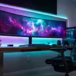 A professional gaming setup with an ultrawide monitor and vibrant purple and blue ambient smart lighting.