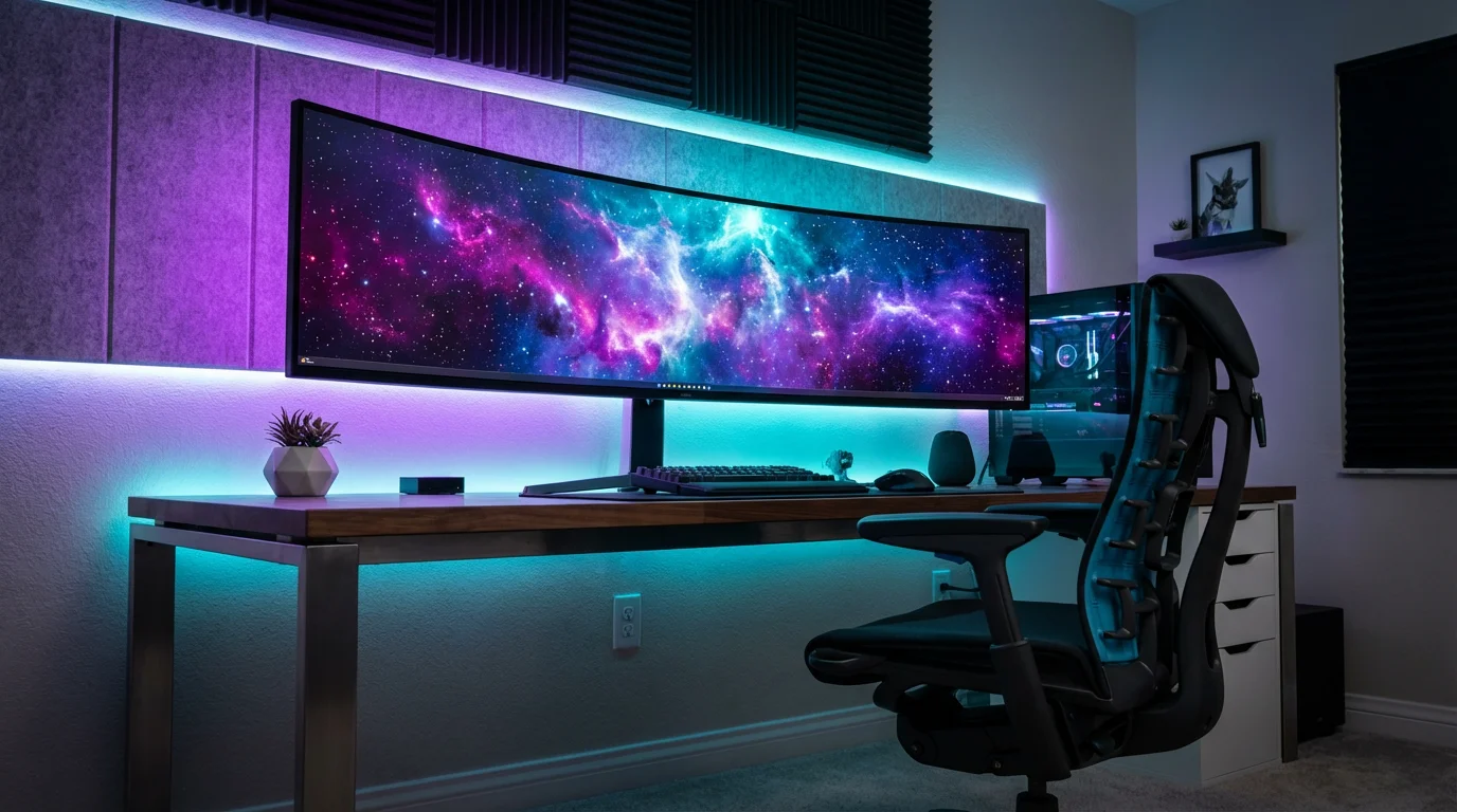 A professional gaming setup with an ultrawide monitor and vibrant purple and blue ambient smart lighting.
