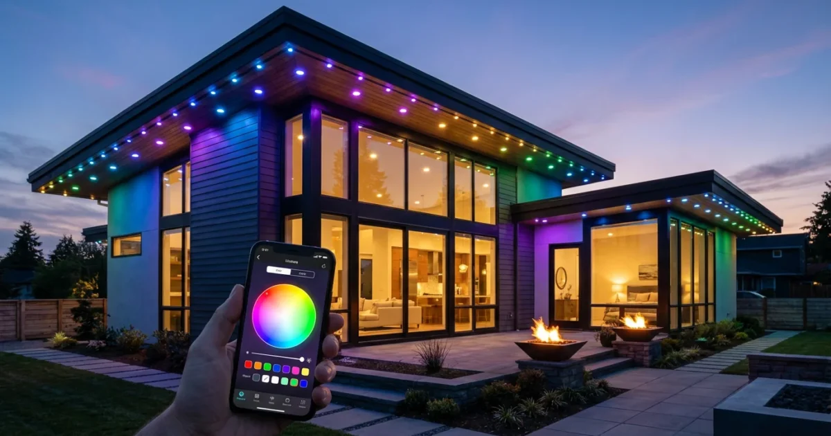 A modern home at dusk illuminated by smart exterior holiday lighting with a person controlling the colors via a smartphone app.