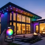 A modern home at dusk illuminated by smart exterior holiday lighting with a person controlling the colors via a smartphone app.