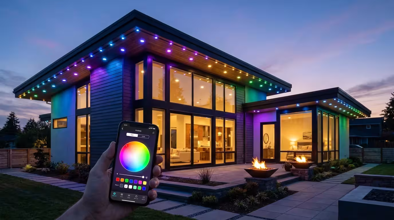A modern home at dusk illuminated by smart exterior holiday lighting with a person controlling the colors via a smartphone app.