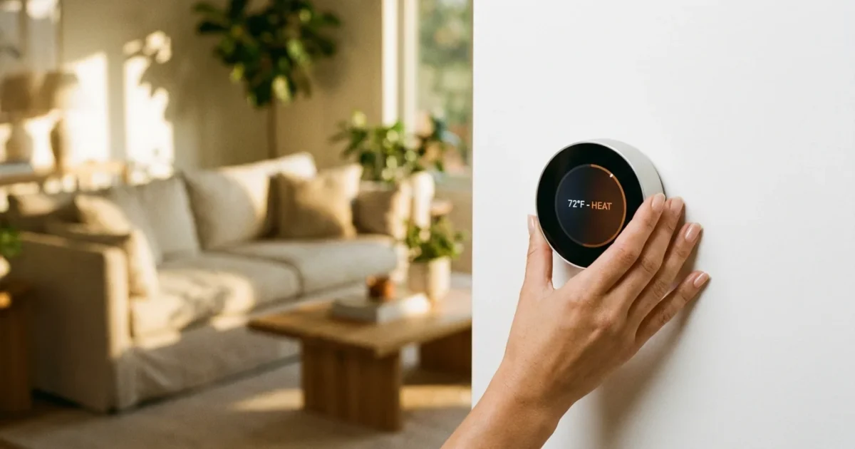 A person adjusting a modern smart thermostat in a bright, sunlit living room.