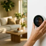 A person adjusting a modern smart thermostat in a bright, sunlit living room.