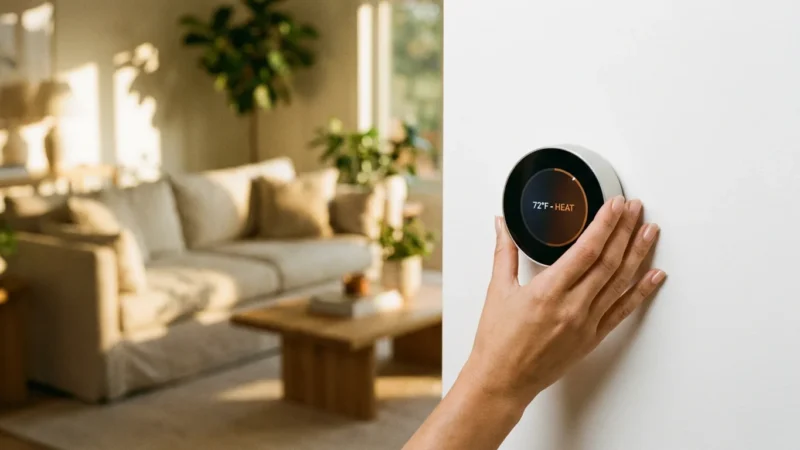 A person adjusting a modern smart thermostat in a bright, sunlit living room.
