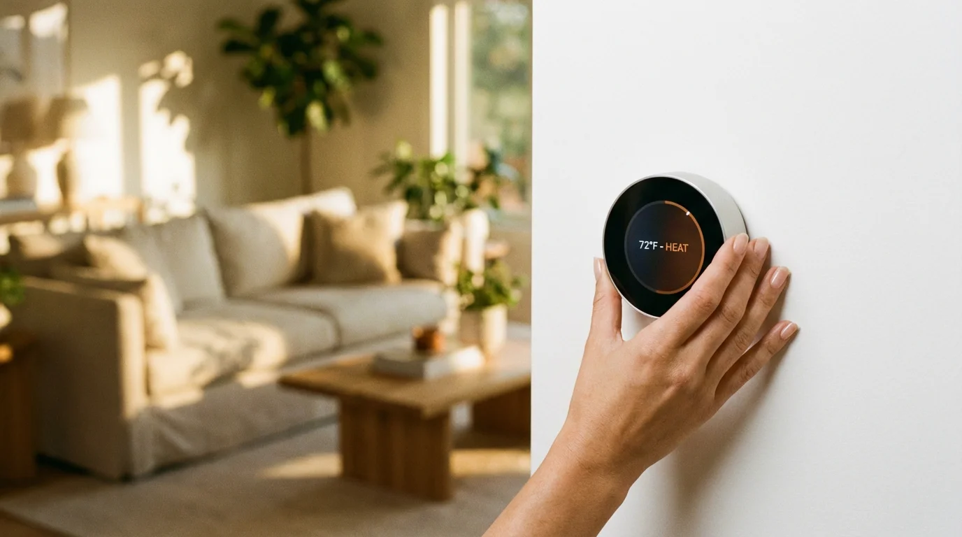 A person adjusting a modern smart thermostat in a bright, sunlit living room.