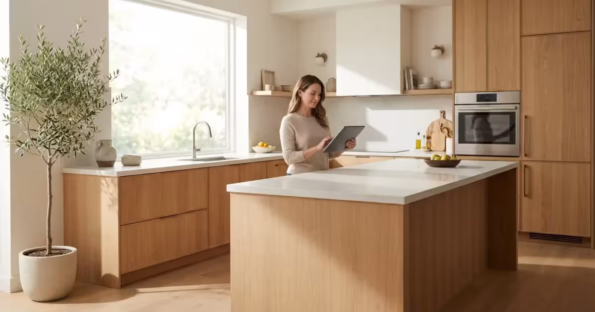 A homeowner using a tablet to manage smart home settings in a bright, modern kitchen.