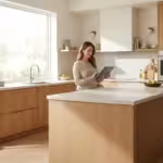A homeowner using a tablet to manage smart home settings in a bright, modern kitchen.
