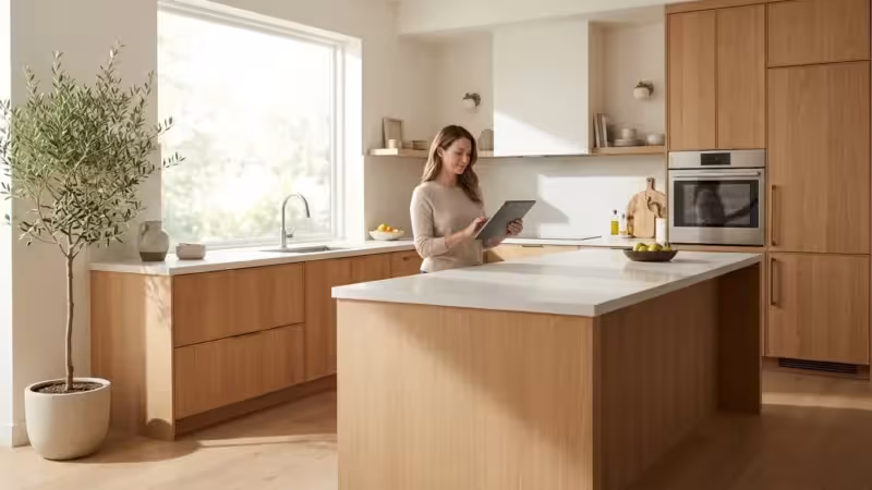 A homeowner using a tablet to manage smart home settings in a bright, modern kitchen.
