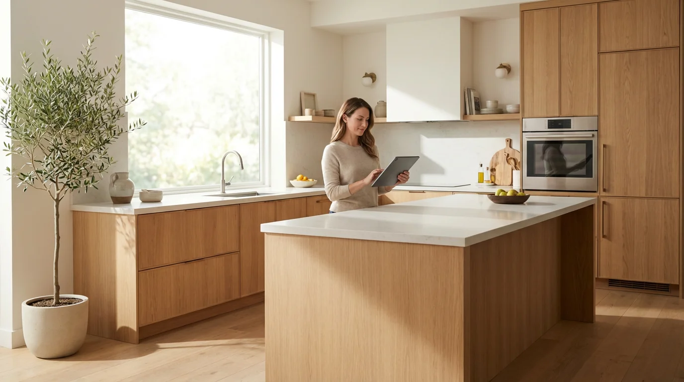A homeowner using a tablet to manage smart home settings in a bright, modern kitchen.