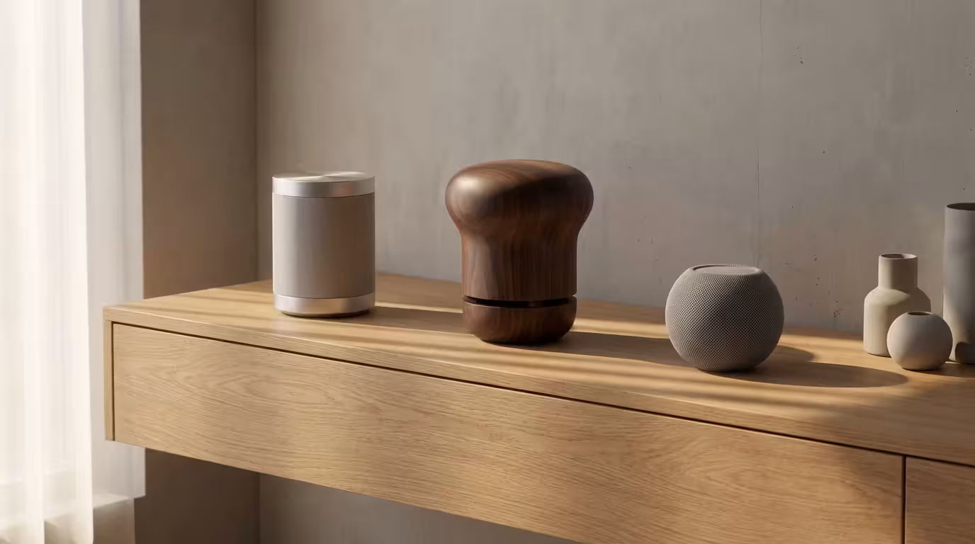 Three different sleek smart speakers arranged elegantly on a wooden table.