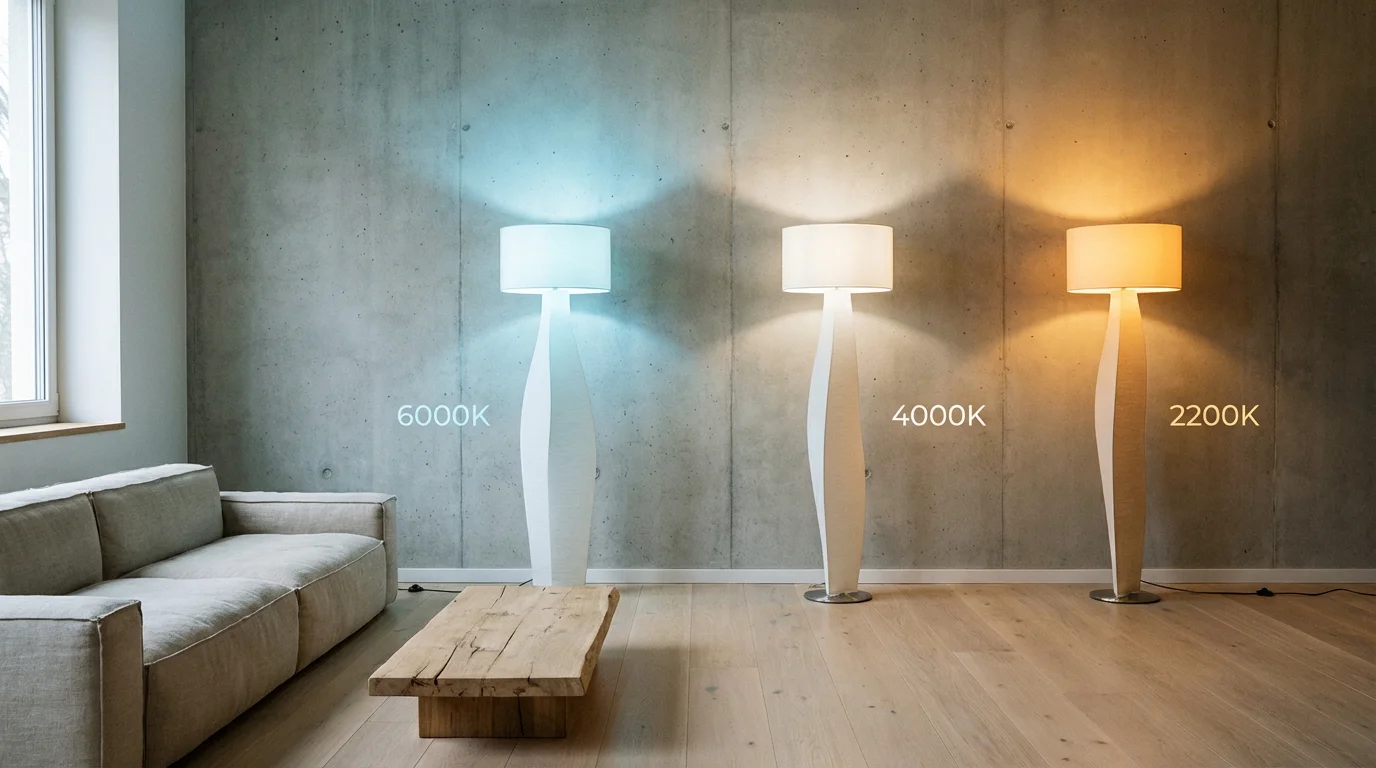 Three lamps showing the difference between cool, neutral, and warm light temperatures.