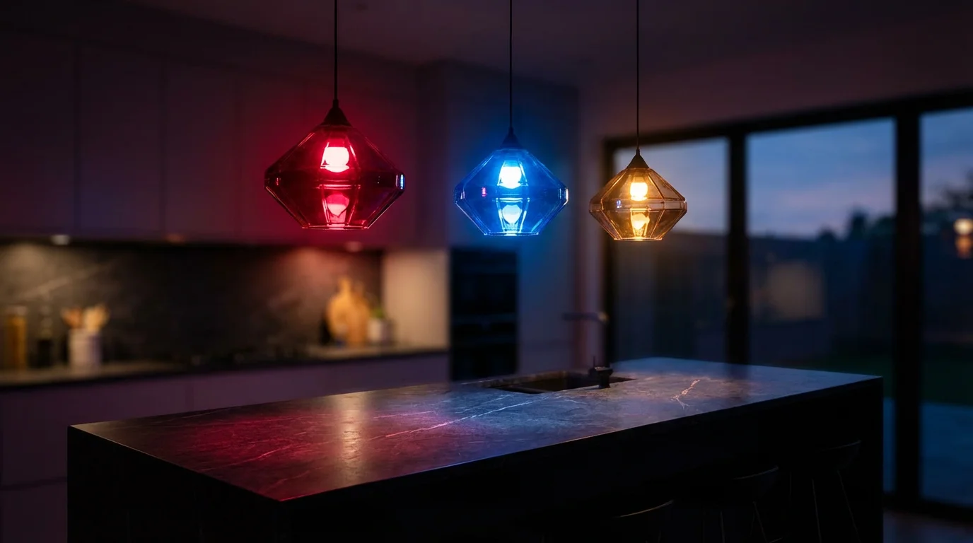 Three pendant lights glowing red, blue, and amber in a dark modern kitchen.