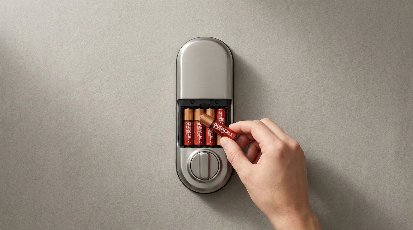 Top-down view of fresh batteries being installed into the back of a smart lock.