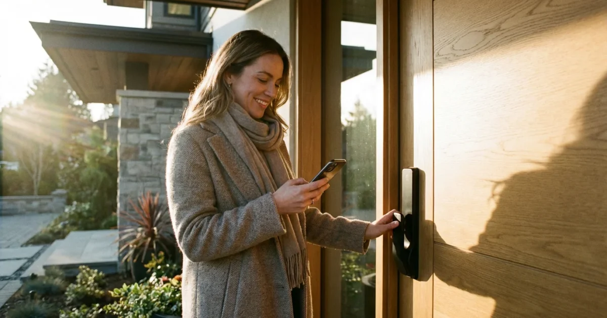 A person using a smartphone to unlock a modern matte black smart lock on a wooden door in soft sunlight.