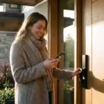 A person using a smartphone to unlock a modern matte black smart lock on a wooden door in soft sunlight.