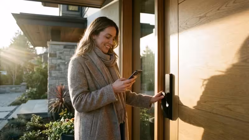 A person using a smartphone to unlock a modern matte black smart lock on a wooden door in soft sunlight.