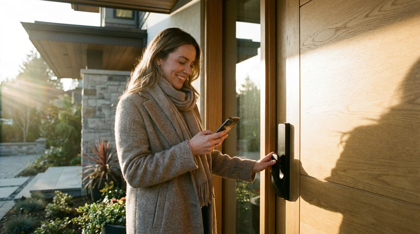 A person using a smartphone to unlock a modern matte black smart lock on a wooden door in soft sunlight.