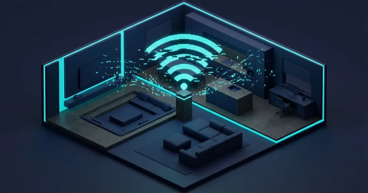 Isometric 3D render of a smart home hub with fragmented blue signal waves in a dark modern room.