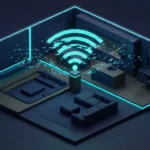 Isometric 3D render of a smart home hub with fragmented blue signal waves in a dark modern room.