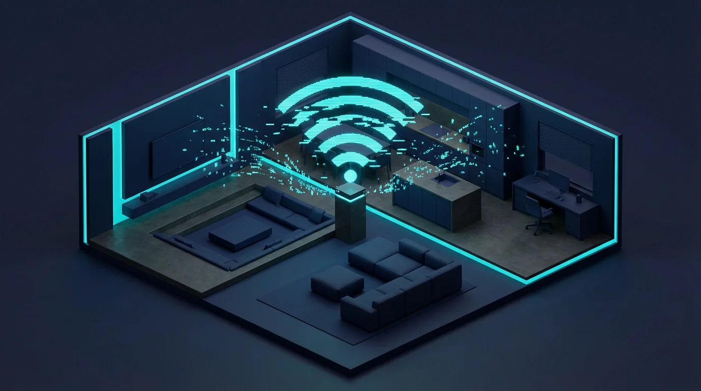 Isometric 3D render of a smart home hub with fragmented blue signal waves in a dark modern room.