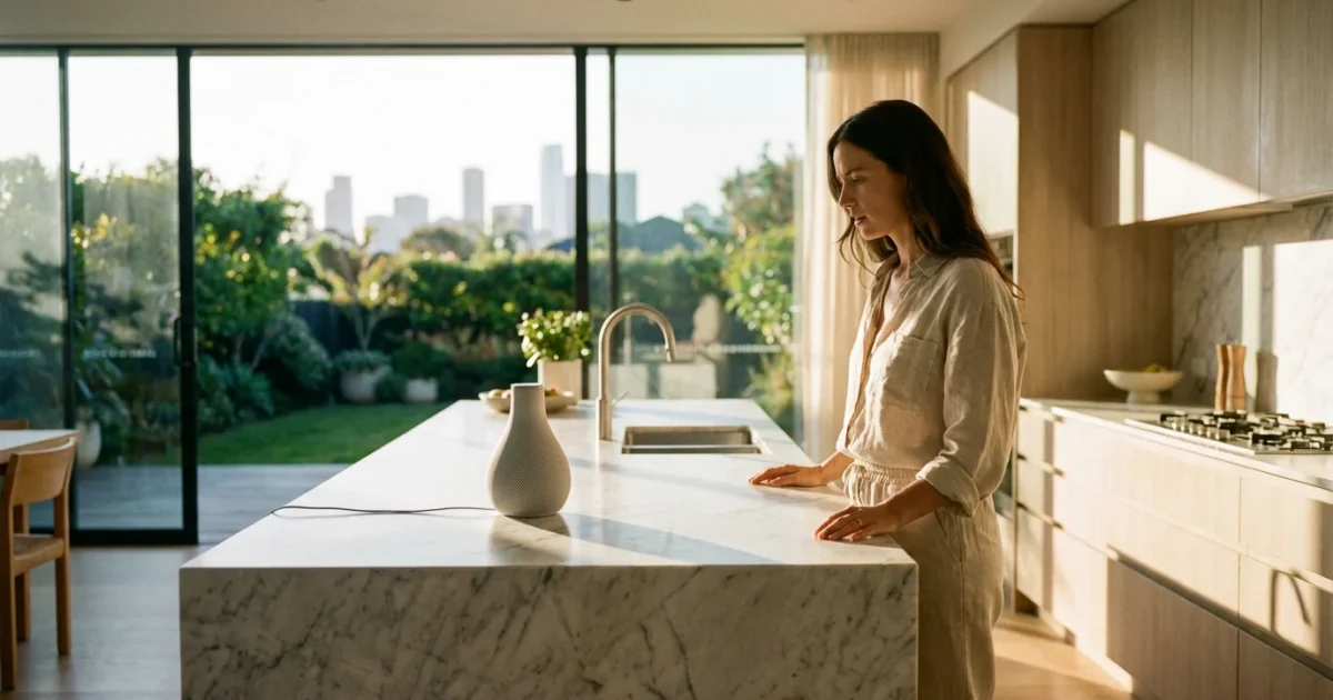 A woman in a sunlit modern kitchen looking at a smart speaker on the counter.