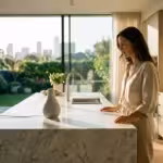 A woman in a sunlit modern kitchen looking at a smart speaker on the counter.