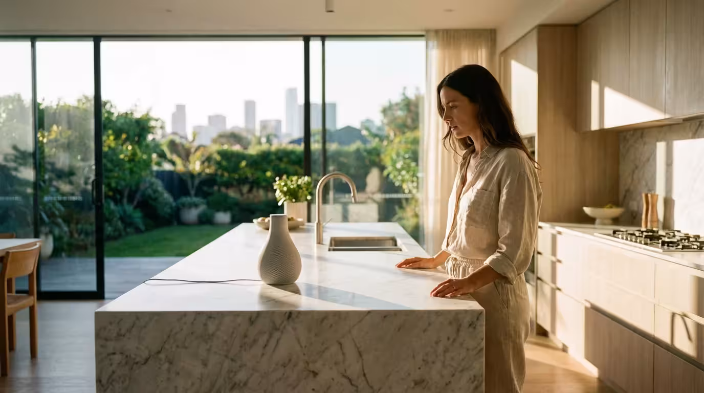 A woman in a sunlit modern kitchen looking at a smart speaker on the counter.