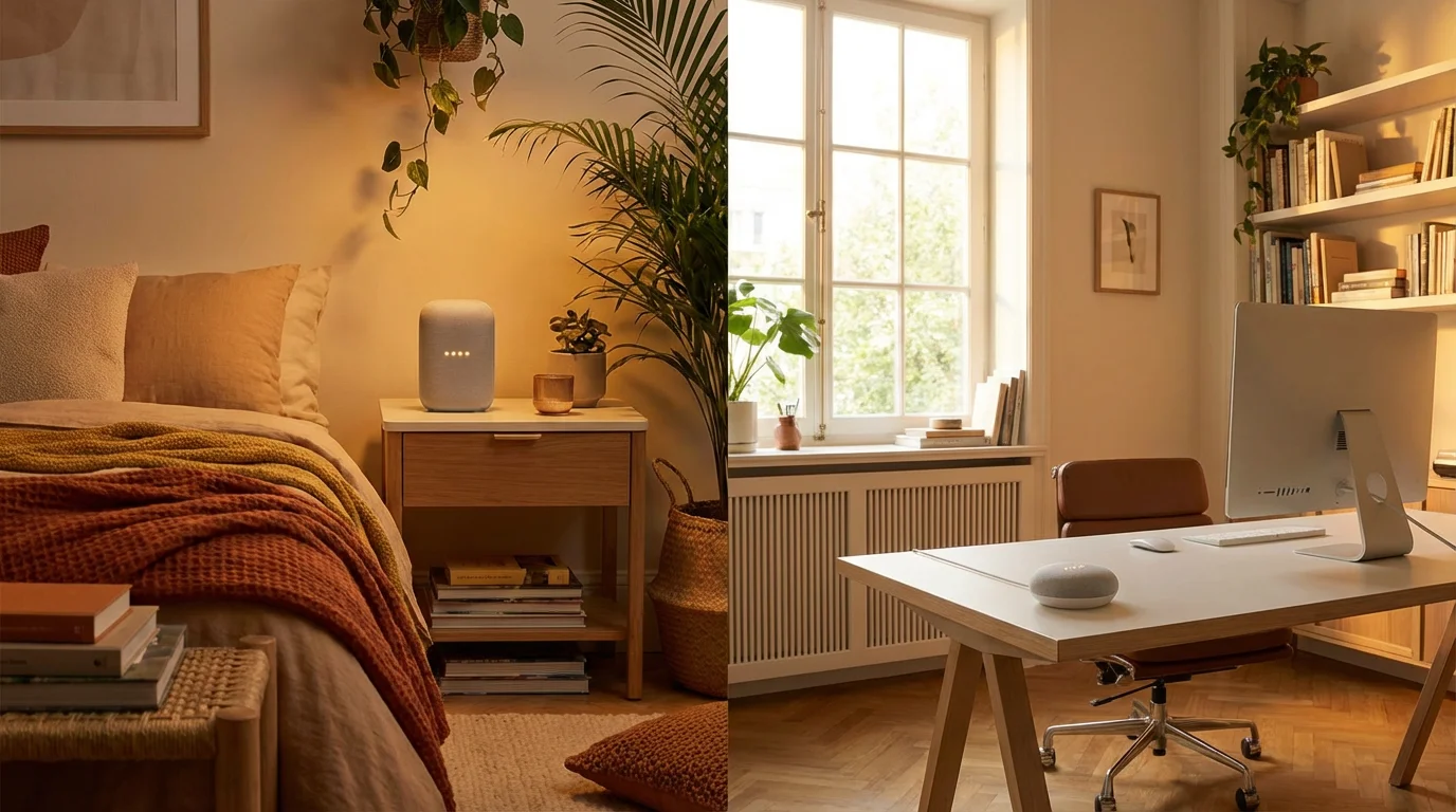 Two different rooms in a house each featuring a synchronized Google Nest speaker.
