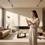 A woman using a smartphone to control the lighting in a bright, modern minimalist living room.
