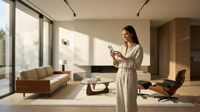 A woman using a smartphone to control the lighting in a bright, modern minimalist living room.