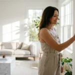 A homeowner adjusting a smart thermostat in a bright, modern living room.
