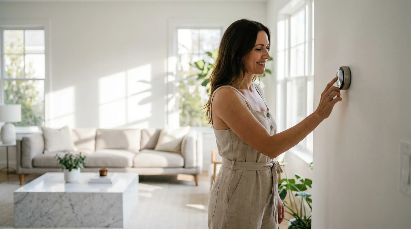 A homeowner adjusting a smart thermostat in a bright, modern living room.