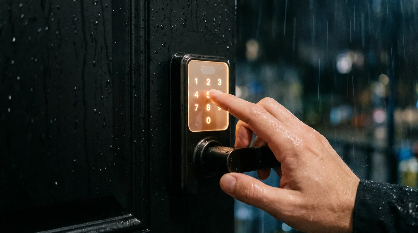 Using a smart lock keypad during a stormy power outage.