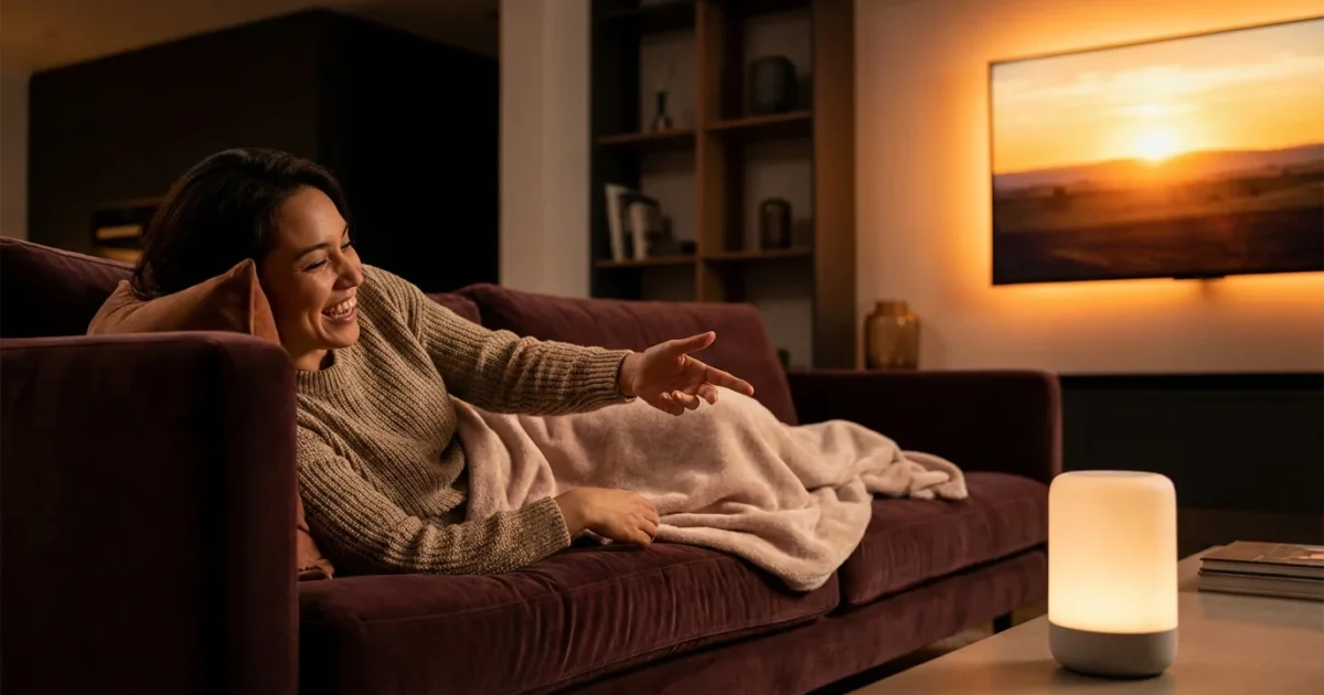 A person comfortably using voice commands to control their TV in a cozy, modern living room.