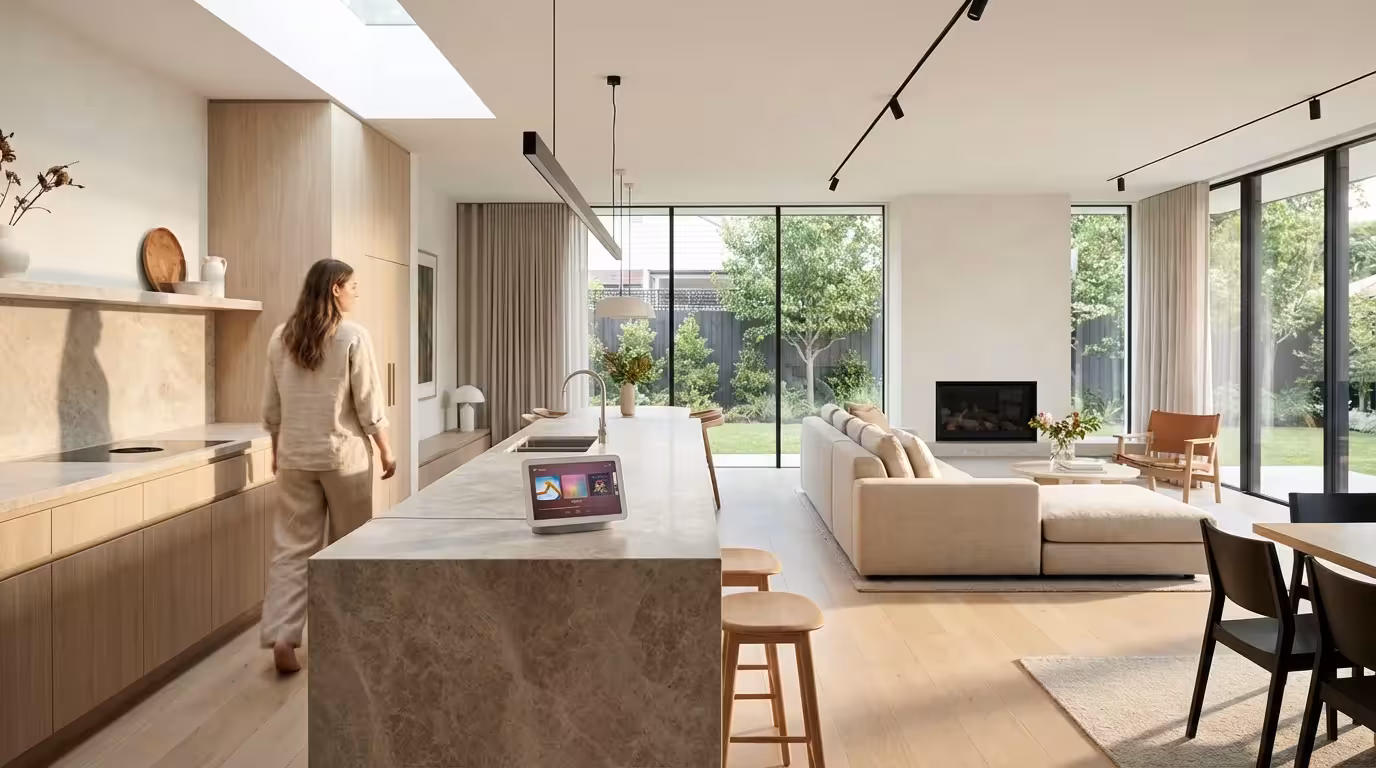 A woman walking through a modern open-plan home with a Google Nest Hub playing music on the kitchen counter.