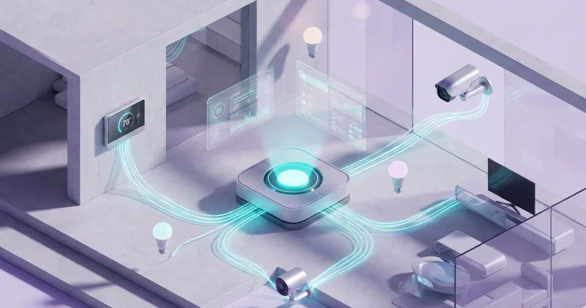 3D isometric render of an interconnected smart home with glowing digital connections and holographic interfaces.