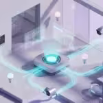 3D isometric render of an interconnected smart home with glowing digital connections and holographic interfaces.