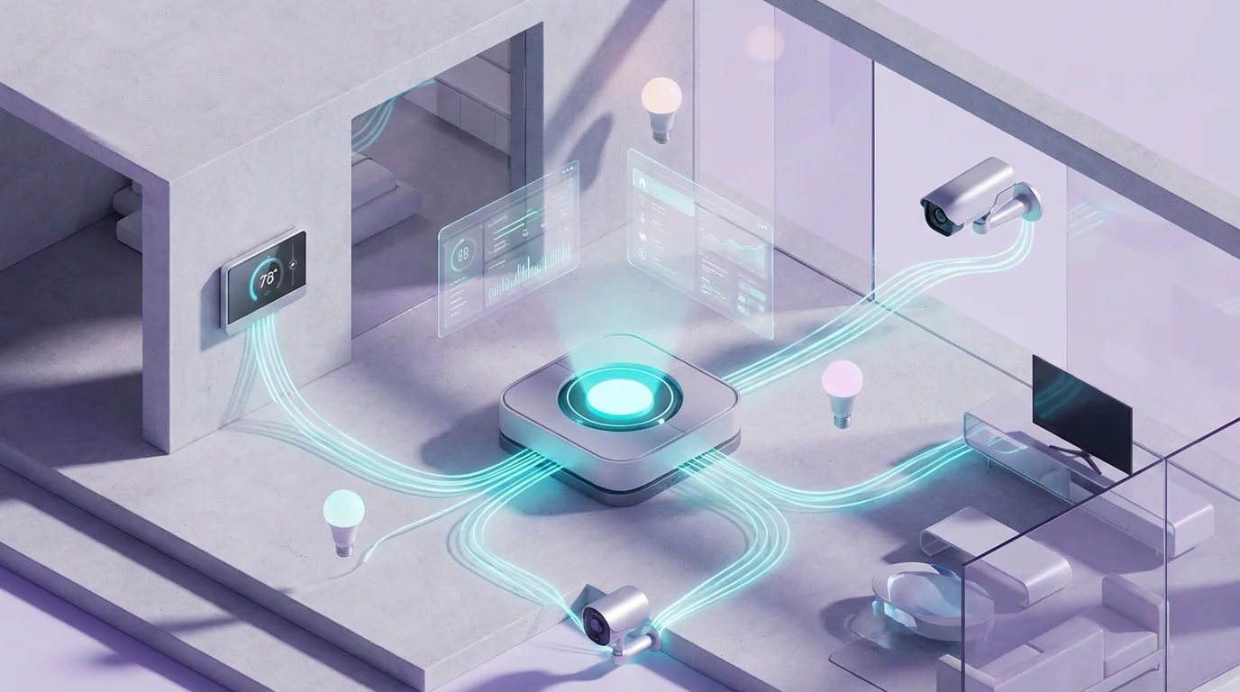 3D isometric render of an interconnected smart home with glowing digital connections and holographic interfaces.