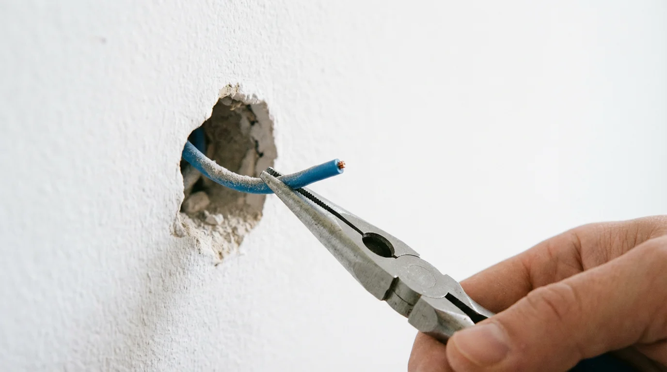 Using pliers to retrieve a hidden blue wire from inside a wall opening.