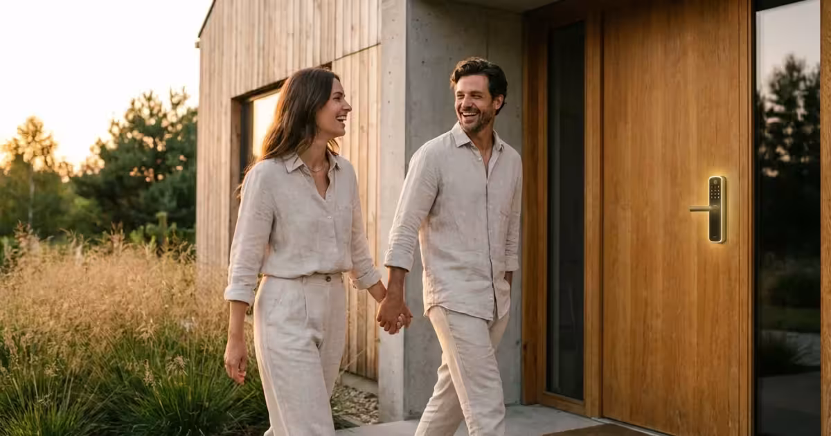 A relaxed couple walking away from their smart-locked home at sunset.