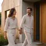 A relaxed couple walking away from their smart-locked home at sunset.