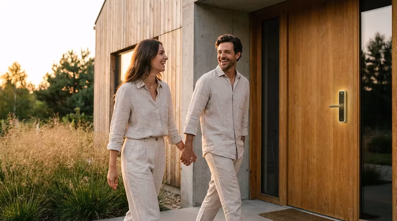 A relaxed couple walking away from their smart-locked home at sunset.