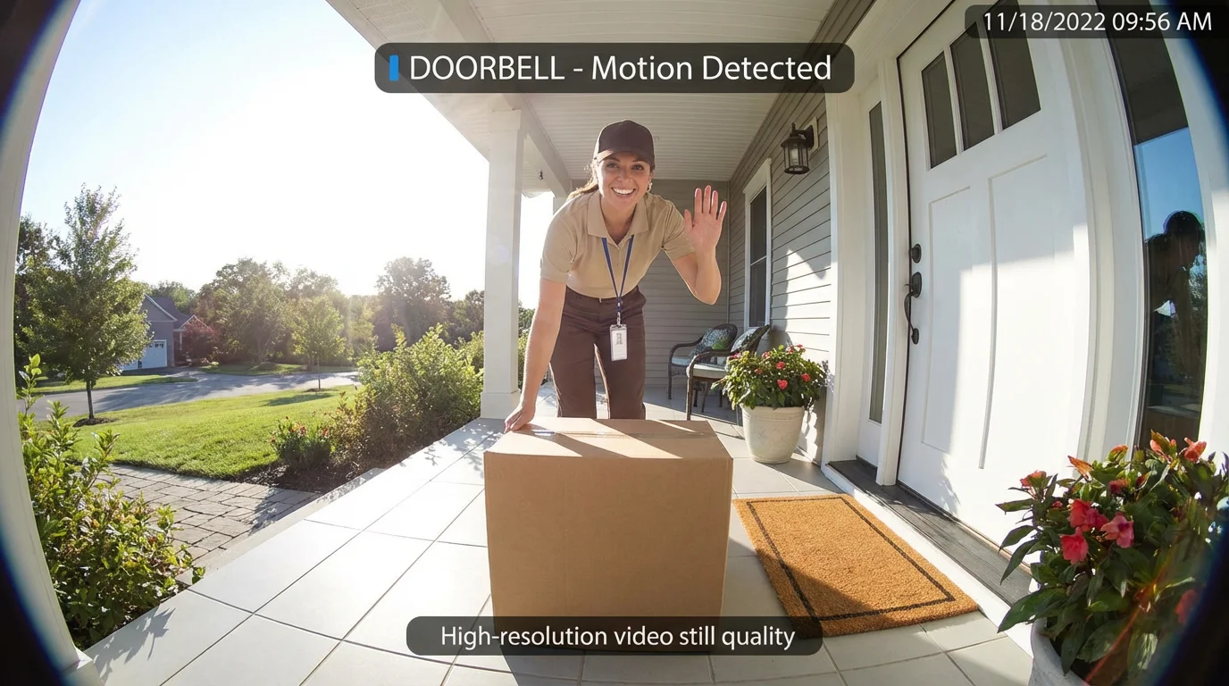 View through a smart doorbell camera of a courier delivering a package.