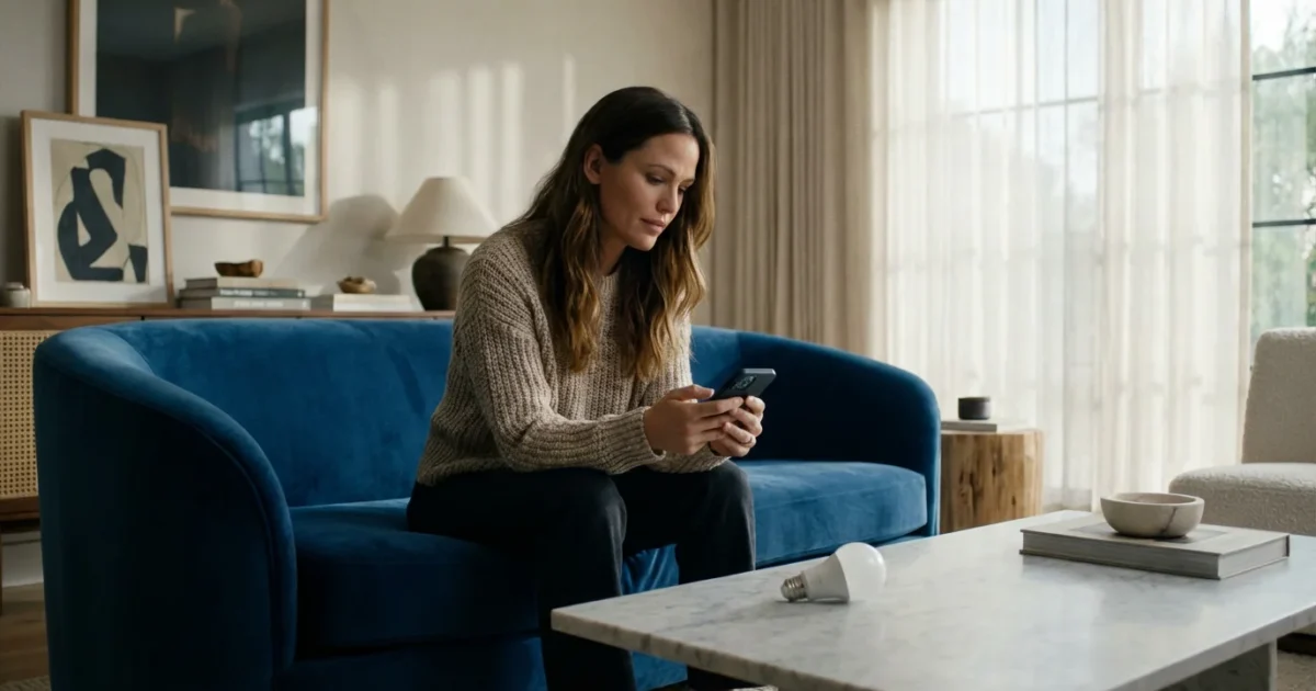 A homeowner troubleshooting a smart bulb using a smartphone in a modern living room.