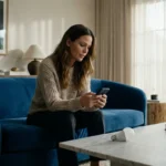 A homeowner troubleshooting a smart bulb using a smartphone in a modern living room.