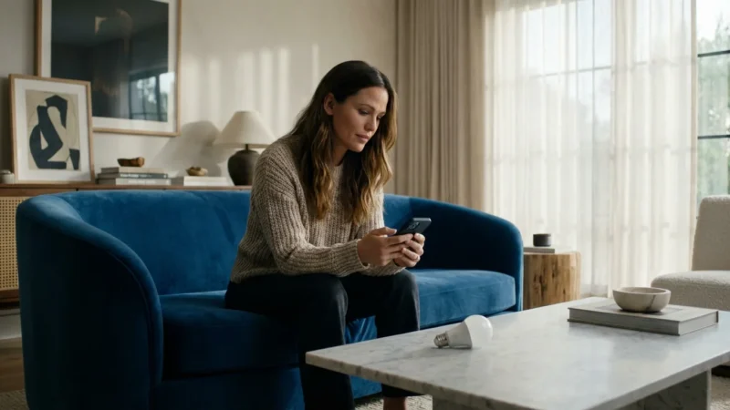 A homeowner troubleshooting a smart bulb using a smartphone in a modern living room.