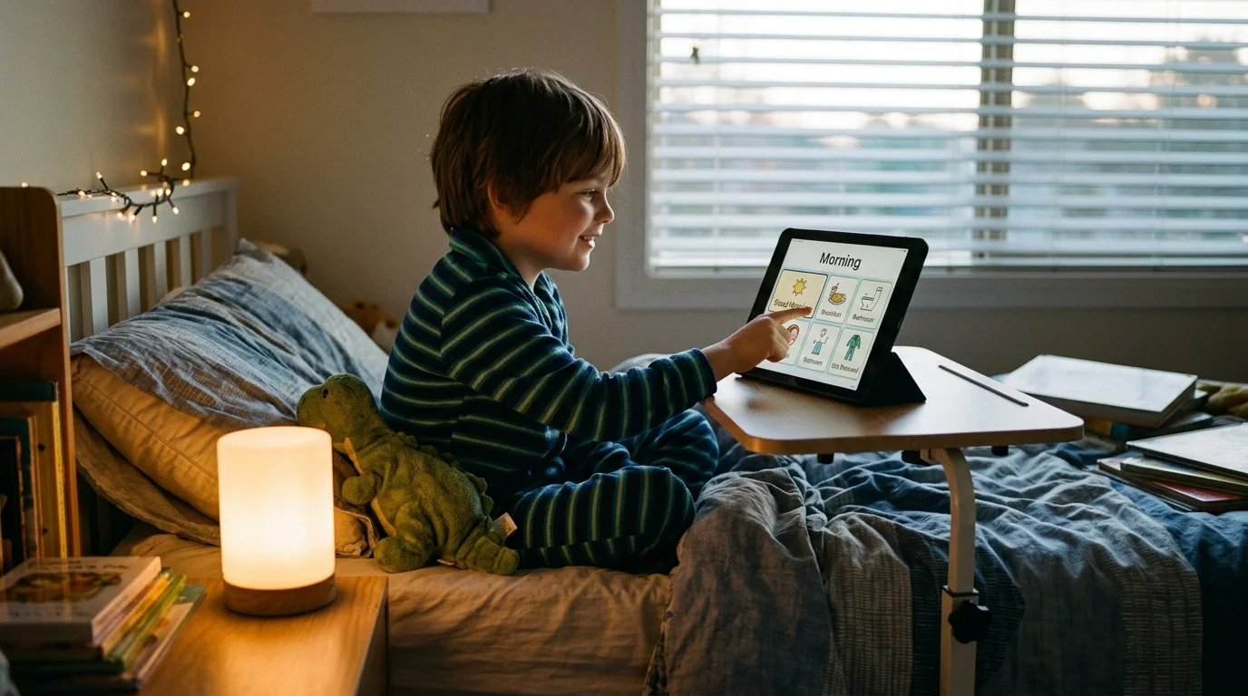 A smiling young boy in striped pajamas sits in bed, touching a tablet display showing morning routine icons on an overbed table.