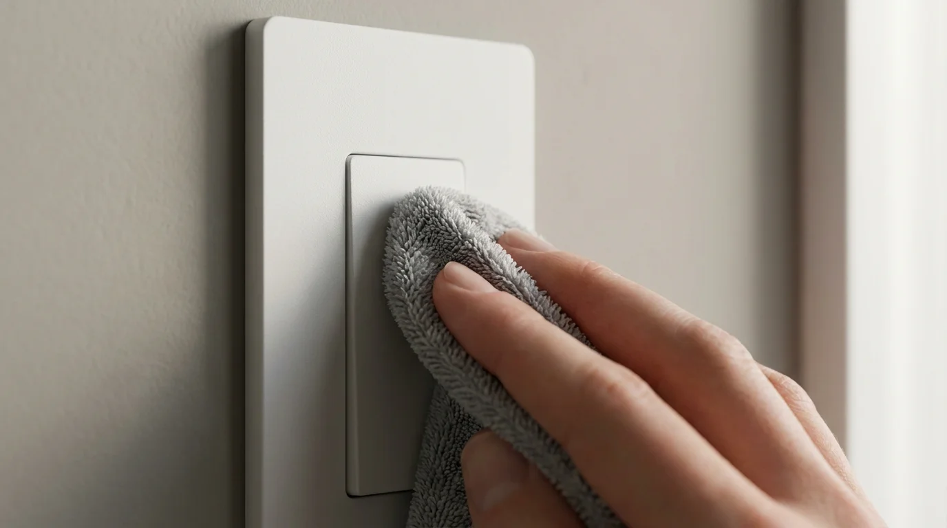A close-up of a hand carefully cleaning a modern white smart dimmer switch.