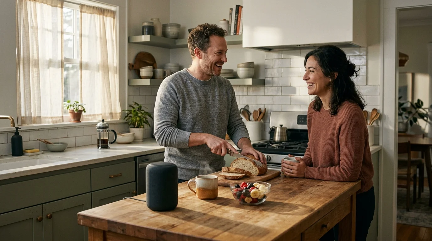A smiling couple cuts bread at a kitchen island near a black smart speaker, coffee mugs, and a bowl of fruit.