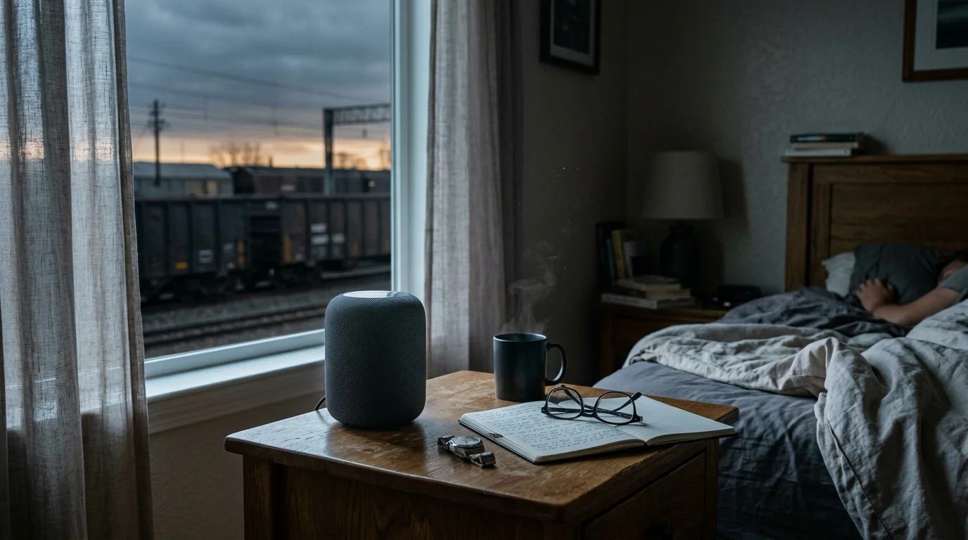 Smart speaker on a bedside table by a window overlooking a passing freight train, with a person sleeping in bed.